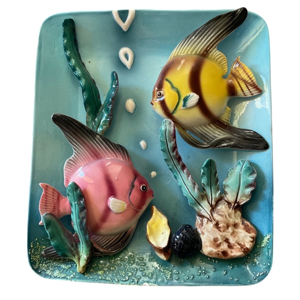 Vintage Norcrest Ceramic Angel Fish Underwater Scene Wall Plaque 3D 7x8 inch